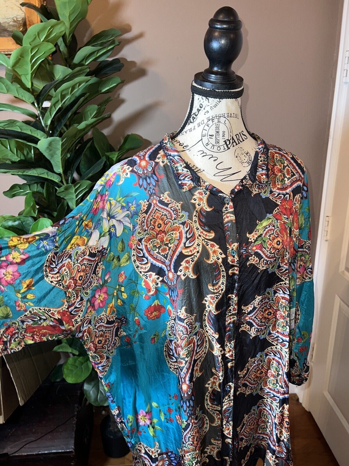 100% Silk Johnny Was Tunic Top XL 1X 1XL Kimono Feel Colorful Spring