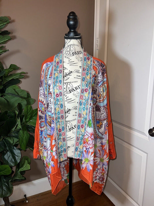 New Johnny Was 100% Silk Kimono XL 1X Embroidered Floral Handkerchief Hem