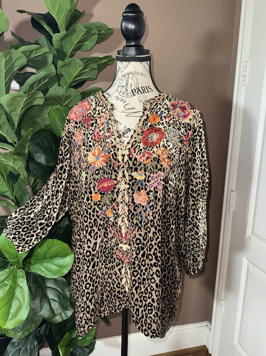 Johnny Was XL 1X Velvet Animal Leopard Print Floral Peasant Top Tunic