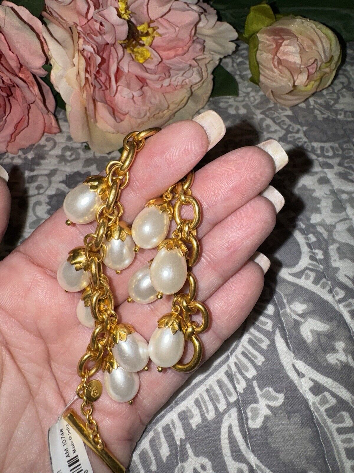 Julie Vos Pearl Charm Link Bracelet Toggle 24k Gold Plated   RETIRED