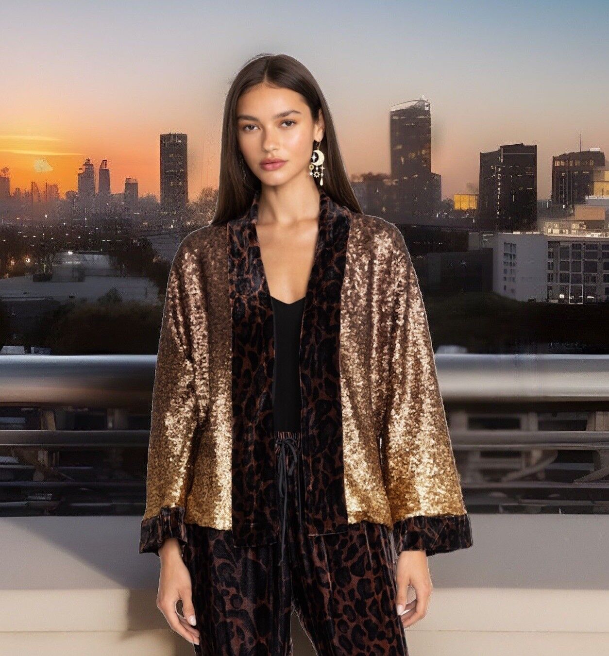 Johnny Was XL 1X Silk Velvet & Sequin Gold & Leopard KIMONO Jacket Wrap Coat