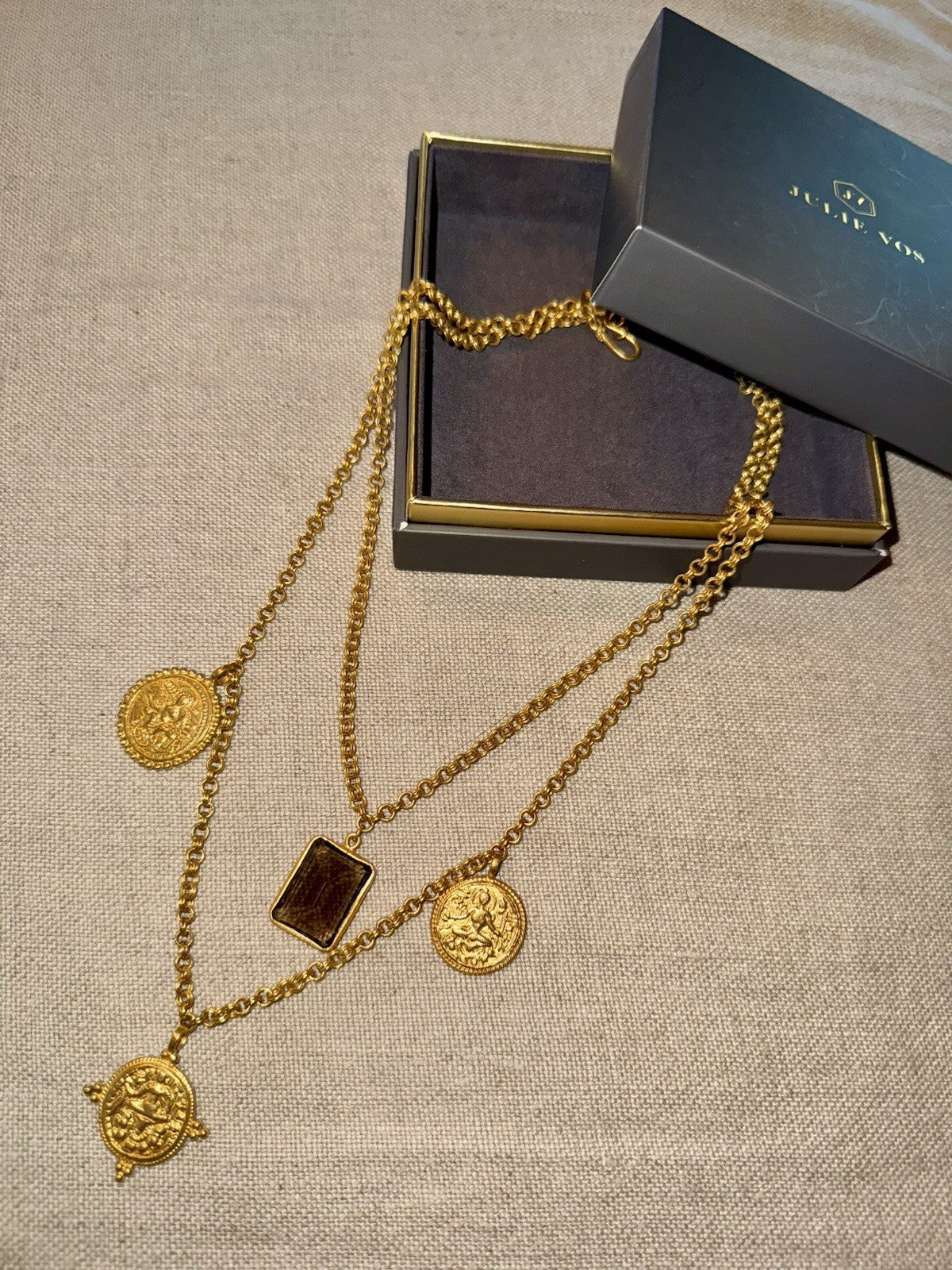 Julie Vos Double Strand Coin Medallion & Smokey Brown 24k Gold Plated Necklace Julie Vos