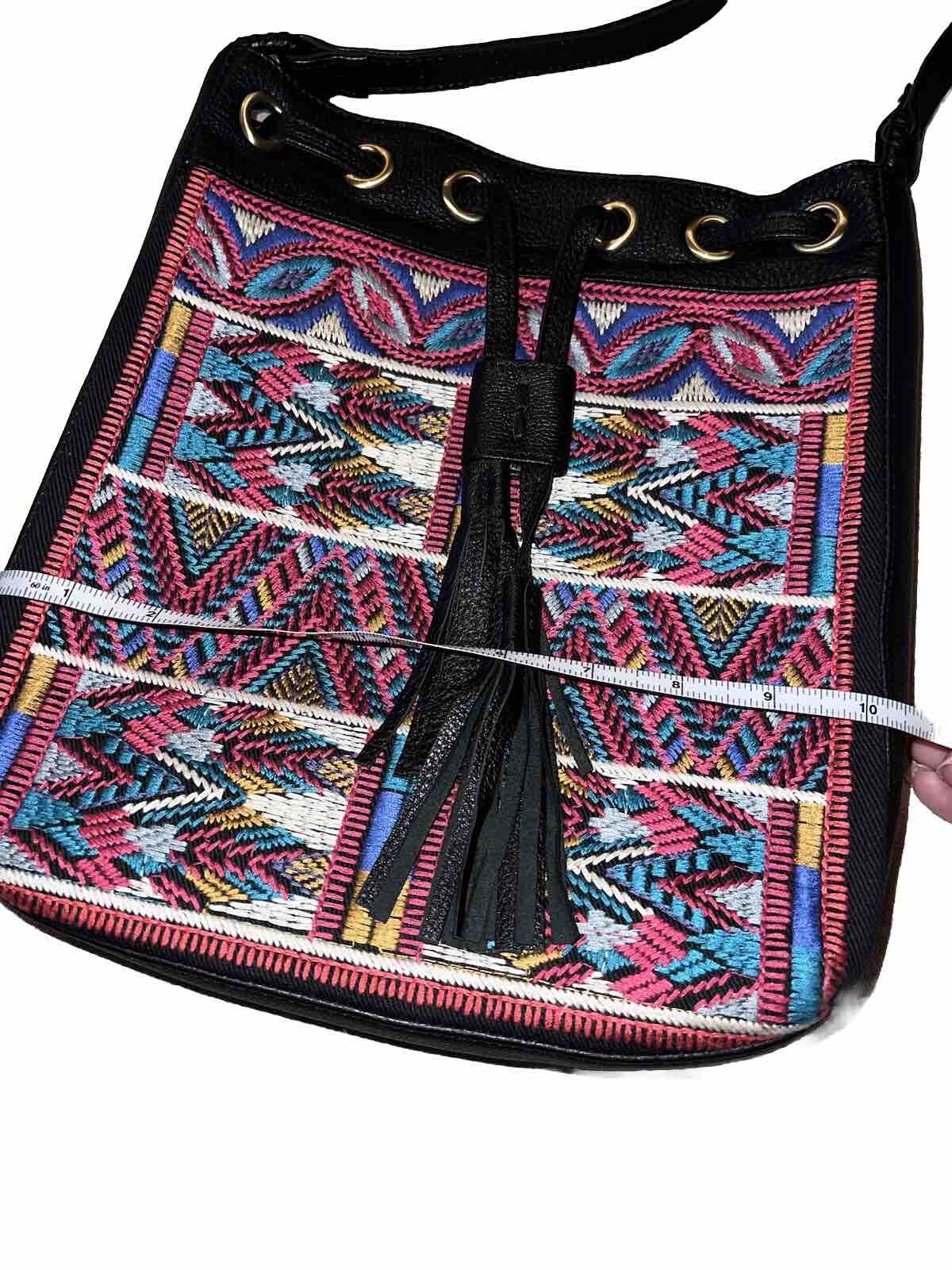 Johnny Was Black Leather Tote Bag Purse Crossbody Beautiful Embroidery Johnny Was