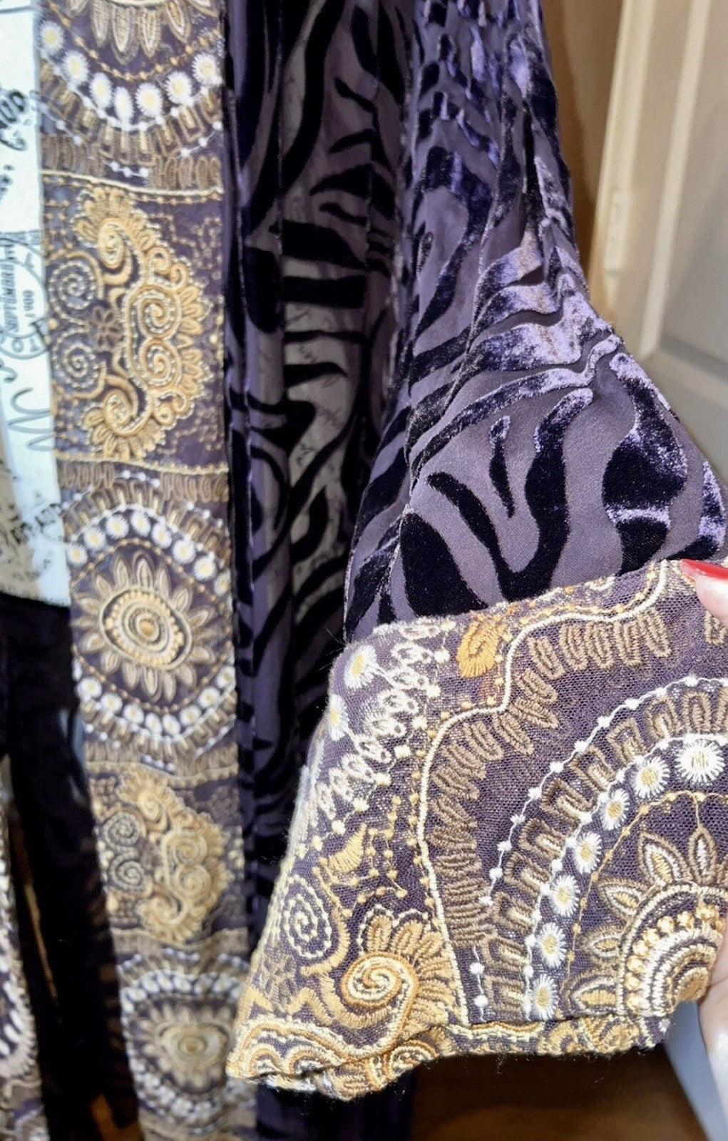 Johnny Was XL Burnout Velvet Long Kimono Duster Wrap Deep Eggplant Zebra & Gold Johnny Was