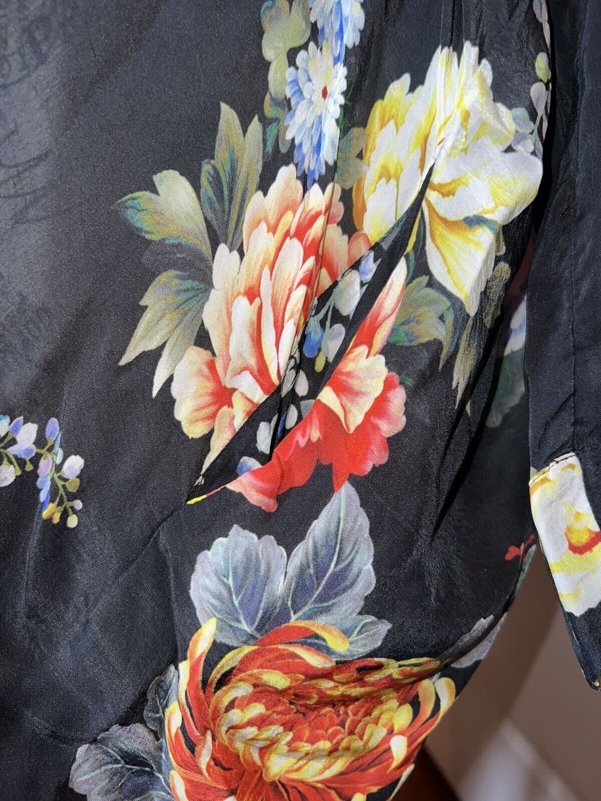 Johnny Was Silky Kimono Heavily Embroidered Trim Sz L Large Pockets Floral Black