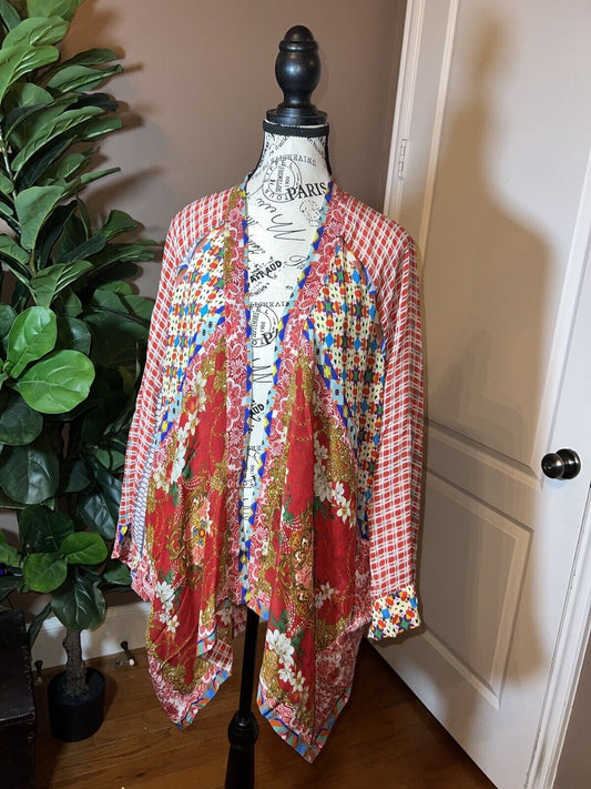 Johnny Was Silky Embroidered Kimono WRAP L Large SPRING Handkerchief Hem