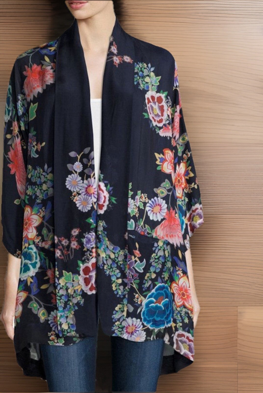 Johnny Was M Silky Kimono Top BOHO Lightweight Cool Florals Jacket Cardigan READ Johnny Was