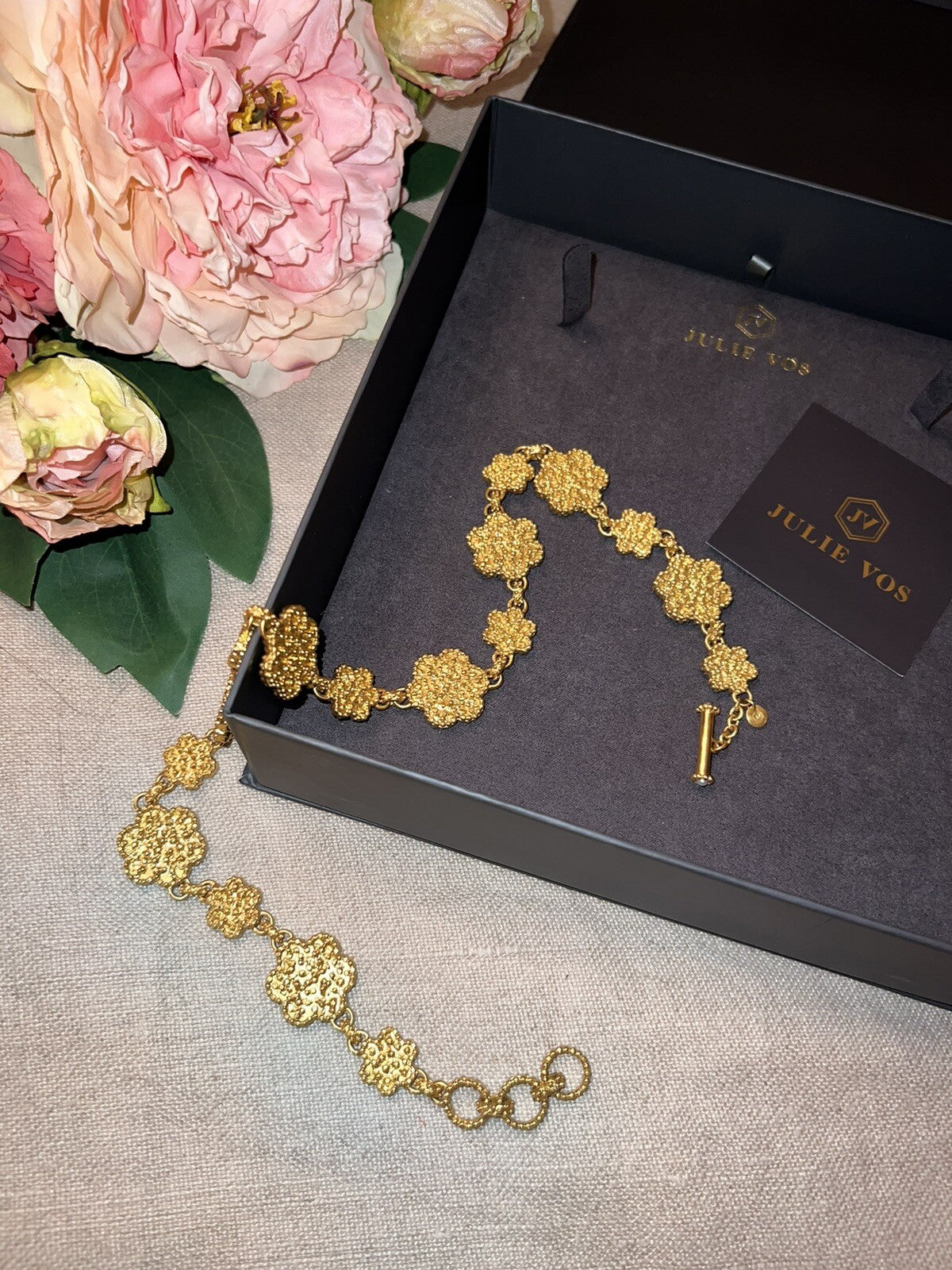 Julie Vos Flower Statement Necklace Toggle Link 24k Gold Plated Chain Julie Vos