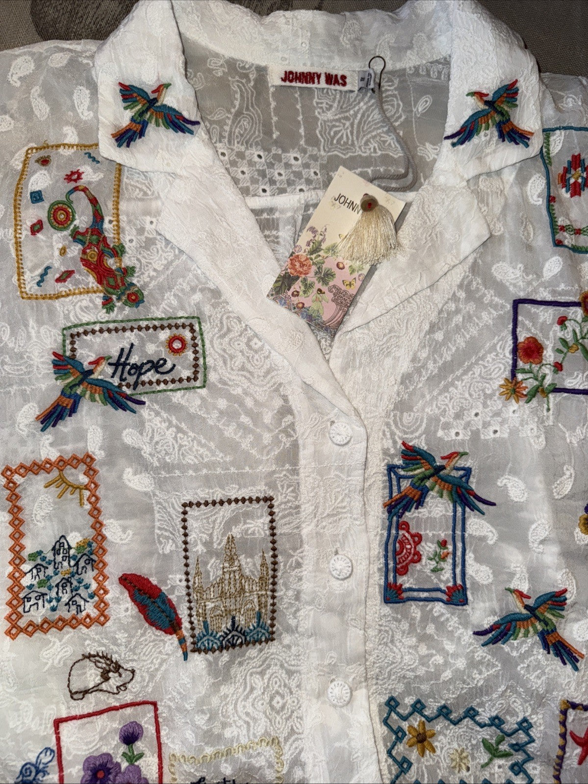 Johnny Was 1X Plus White Cotton Button Up Shirt Tunic Top Blouse Embroidered Johnny Was