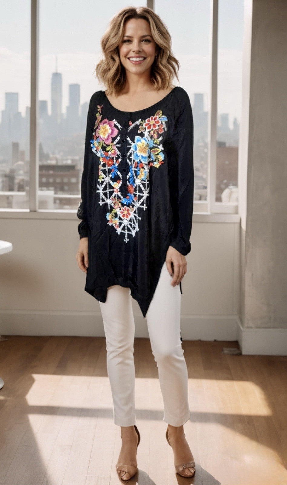 Johnny Was 2X Plus Black Tunic Top Silky Blouse Shirt Embroidered Lightweight Johnny Was