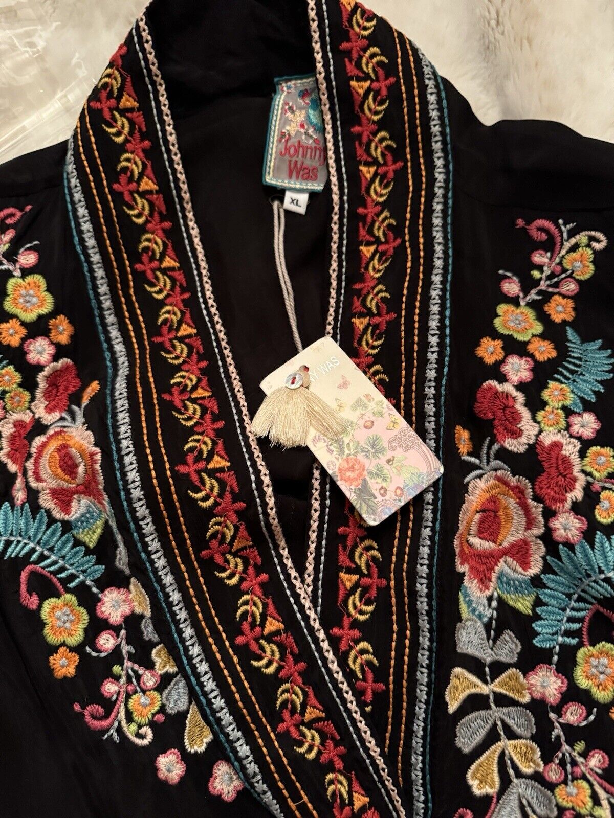 Johnny Was XL 1X Long Kimono Duster Black Pockets Embroidered Wrap Jacket