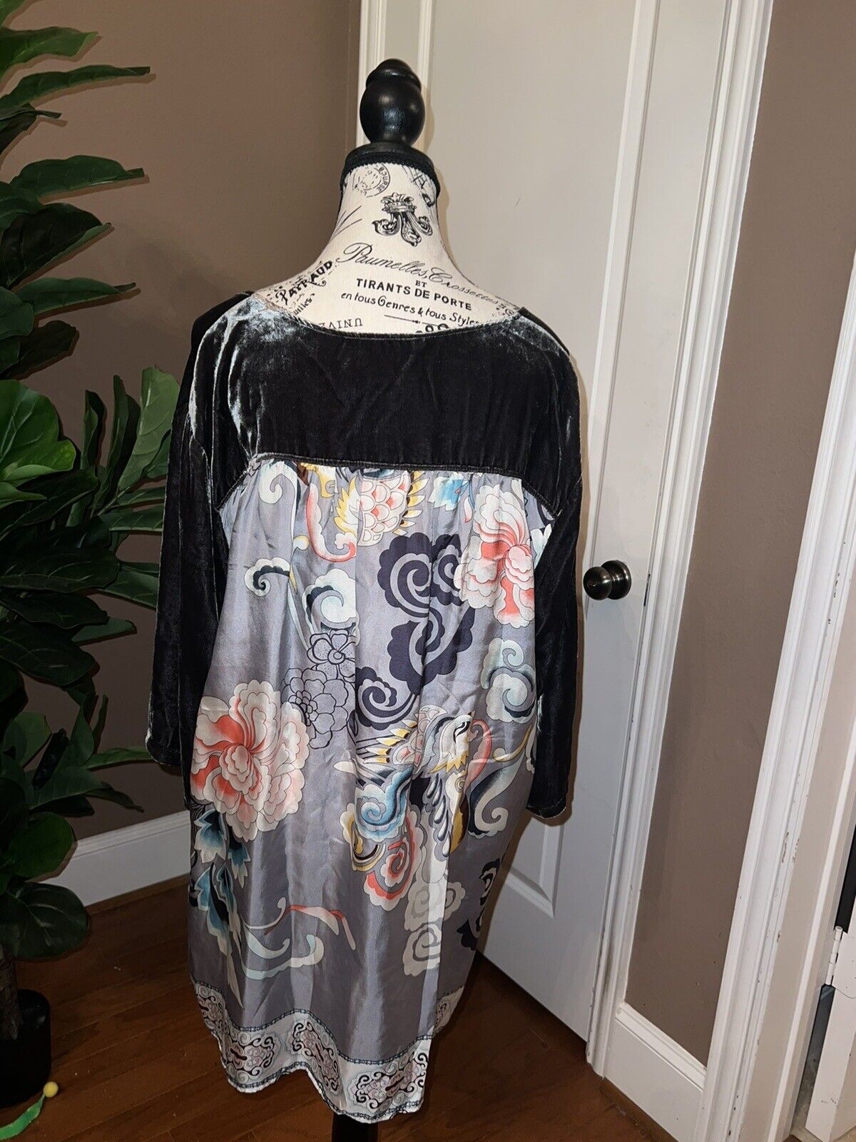 Johnny Was Grey Velvet & Silk Scarf Tunic Top Mini Dress XL Extra Large