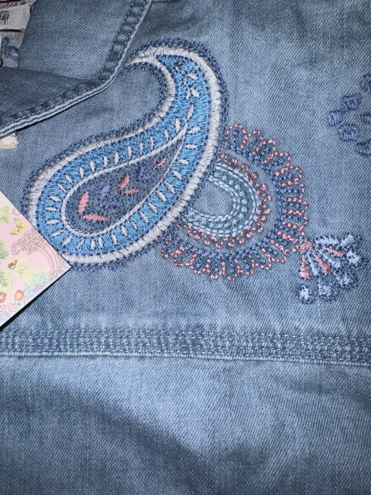 Johnny Was 2X Plus Denim Worker Jacket Coat Embroidered Birds & Paisley Johnny Was