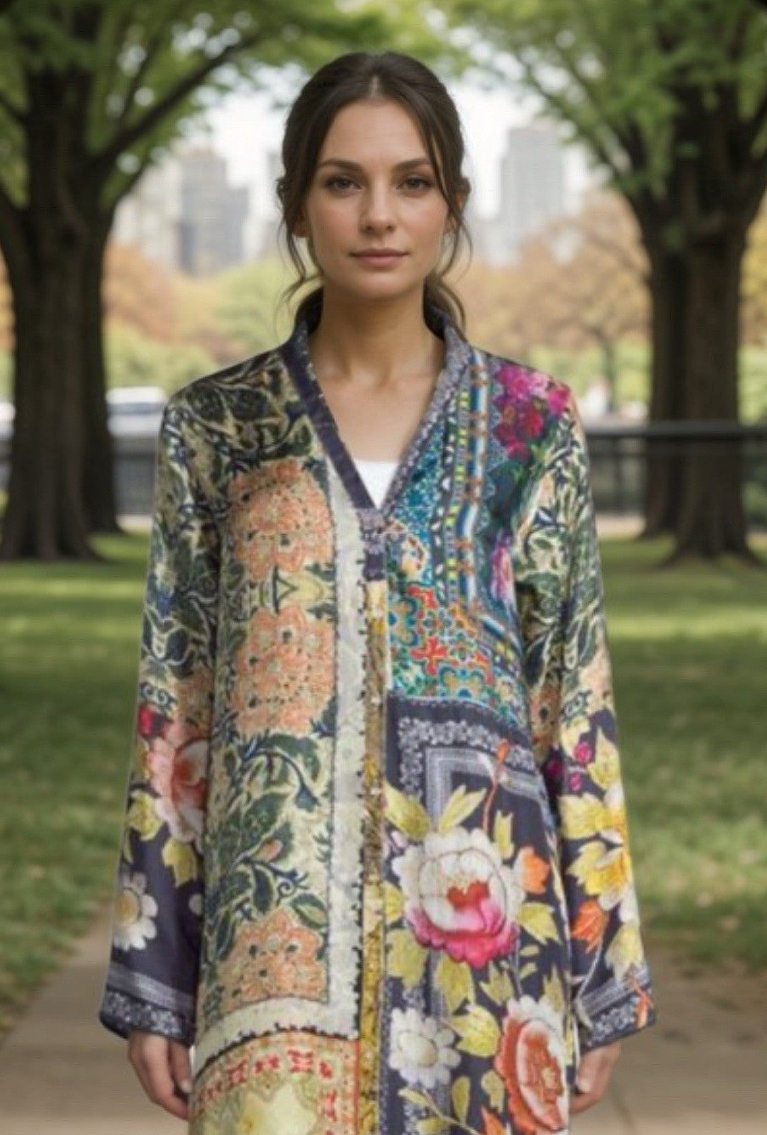 Johnny Was Large 100% Silk Kimono Cherry Blossoms STUNNING BACK Button Up Blouse Johnny Was