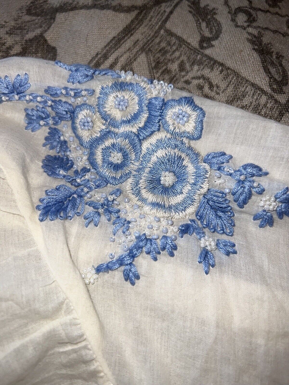 Johnny Was Sz L Large White & Blue Cotton Poncho Peasant Top Tassels Beading