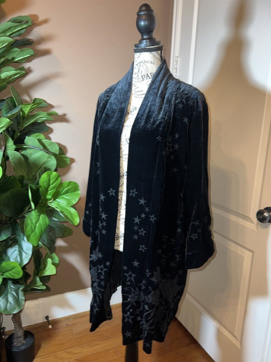 Johnny Was Velvet Kimono Celestial Wrap Jacket Sz M Black Tonal Embroidery