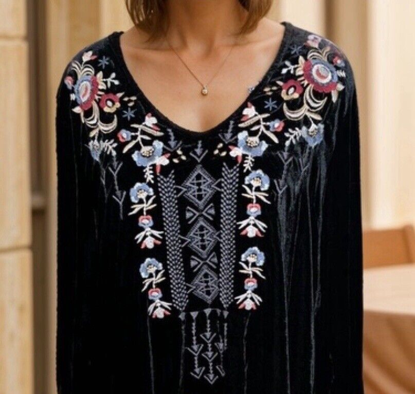 Johnny Was 3X 3XL Black Velvet Embroidered Tunic Top Long Sleeve Blouse Shirt