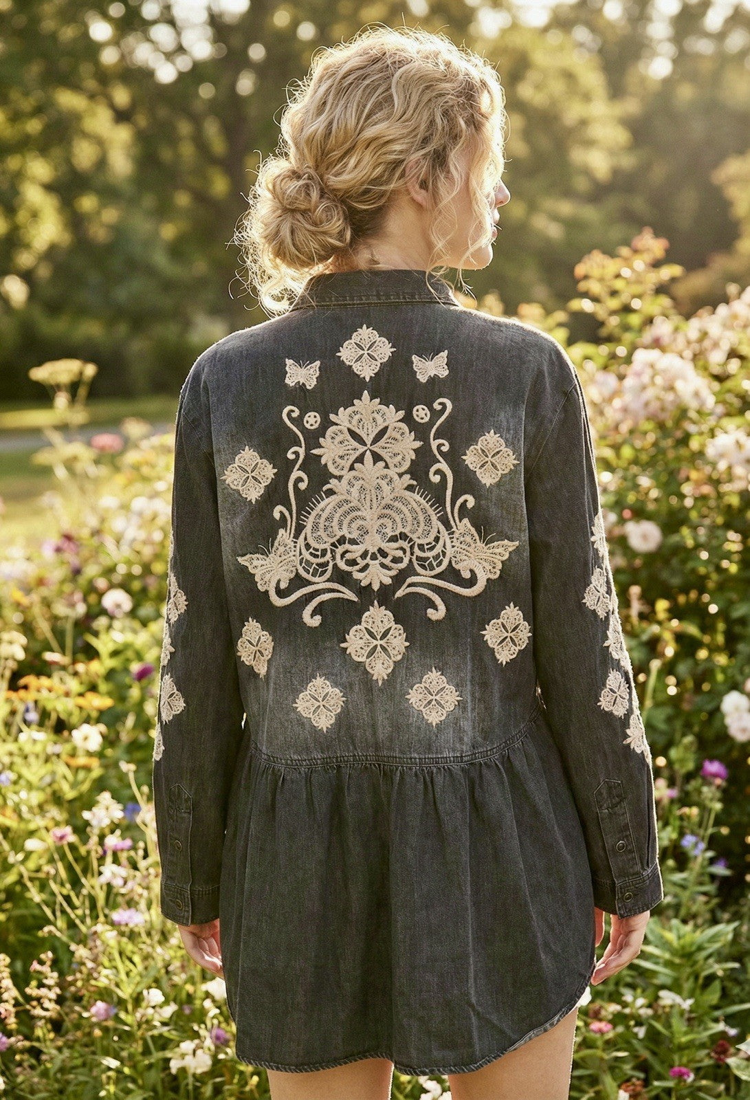 Johnny Was L Black Denim Button Up Shirt Jacket Coat Embroidered Light Wash Johnny Was