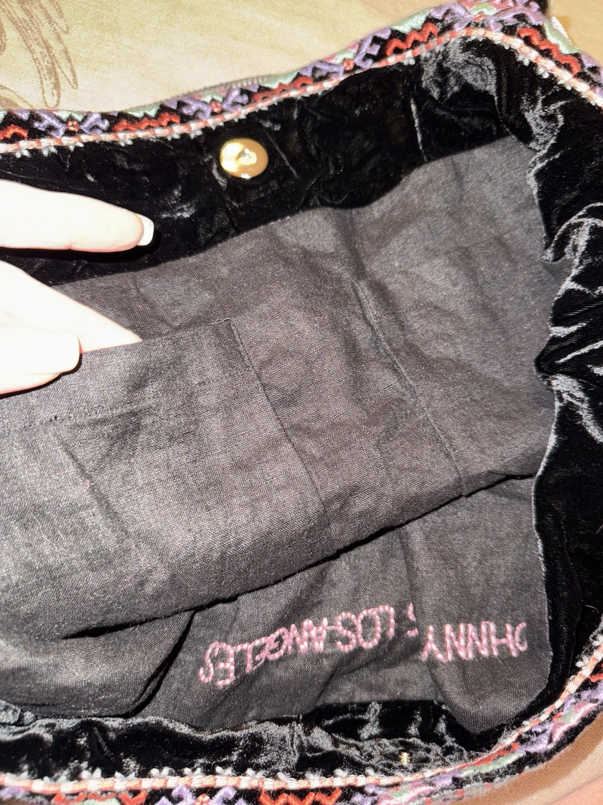 Johnny Was Large Black Velvet Hobo Bag Tote Purse Embroidered Crossbody Johnny Was