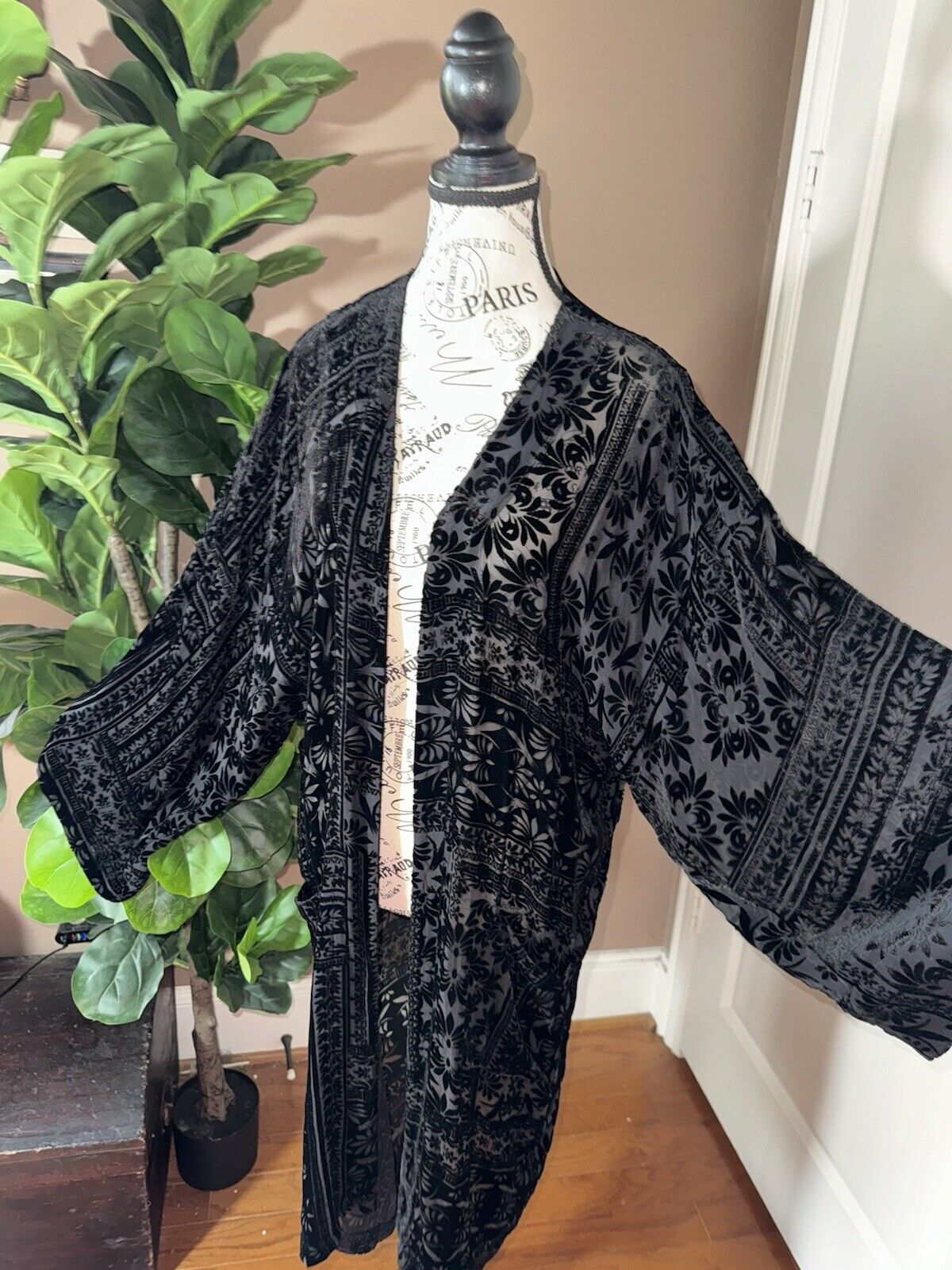 Johnny Was XL Deep Green Burnout Velvet Long Kimono Duster Wrap Jacket