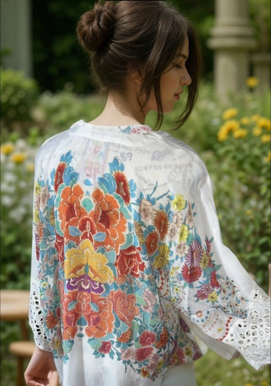 Johnny Was L White Floral Kimono Top Floral Eyelet Lace Wrap Oversized & Cool Johnny Was