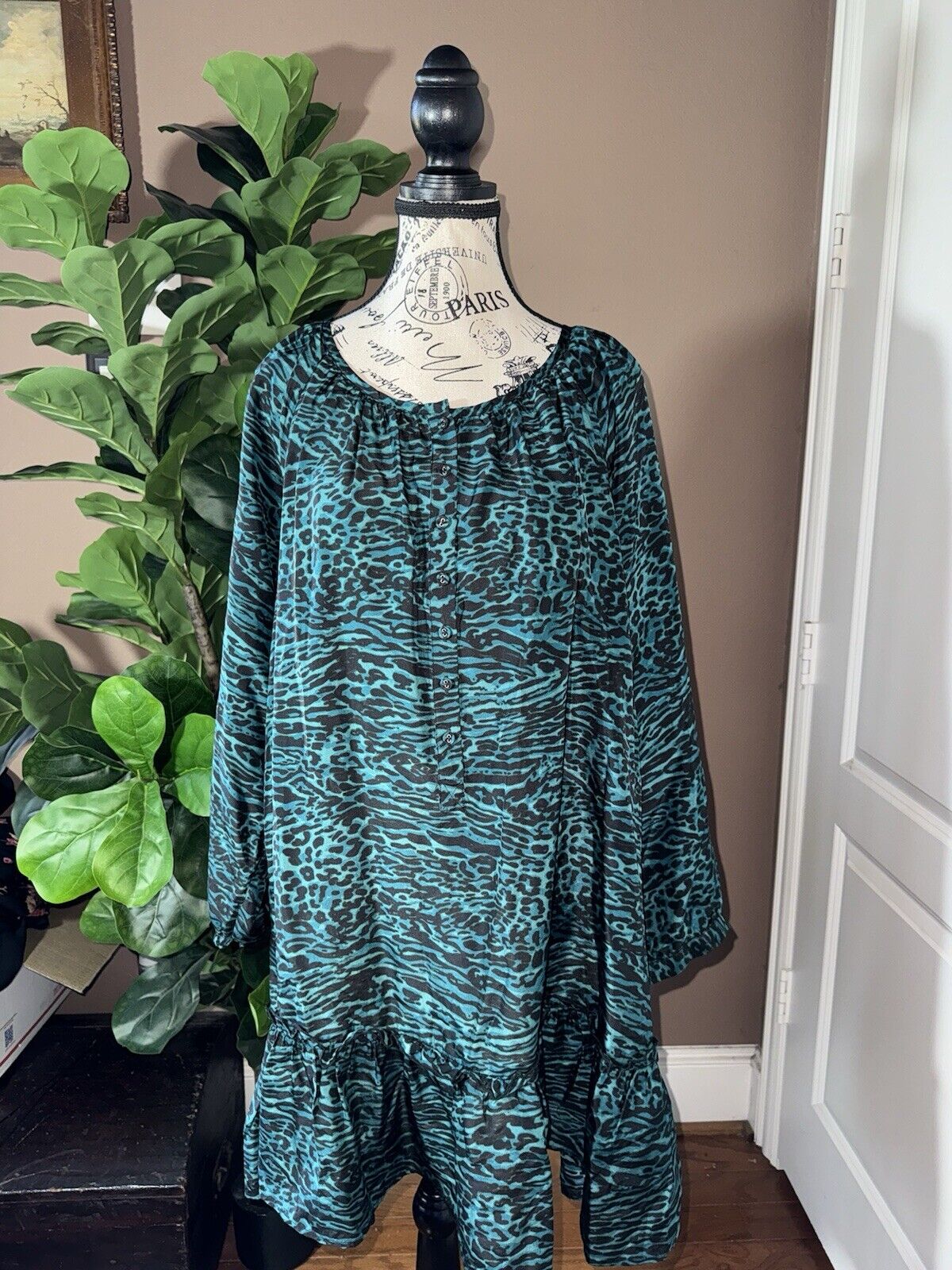 Johnny Was L Large 100% Silk Mini Dress Babydoll Tunic Top Teal Green