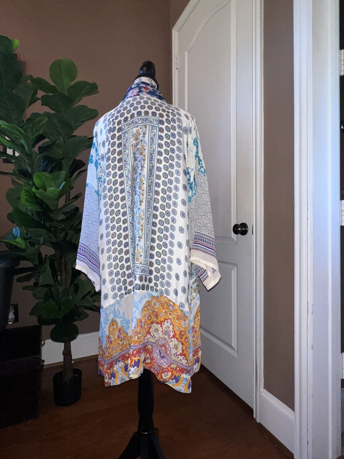 Johnny Was 100% Silk Kimono Sz PL Petite Large Wrap Jacket Cardigan FLAWS READ