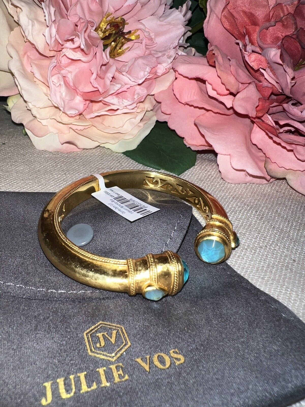 NEW Julie Vos Iridescent Bahamian Blue Hinged Bangle Cuff Bracelet 24k Plate NWT