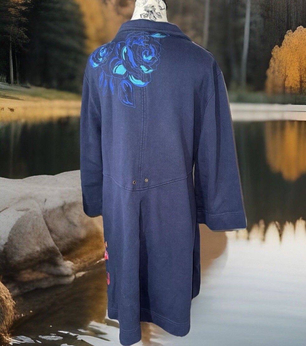 Johnny Was XL 1X Blue Military Trench Coat Jacket Navy W/ Embroidery  Soft