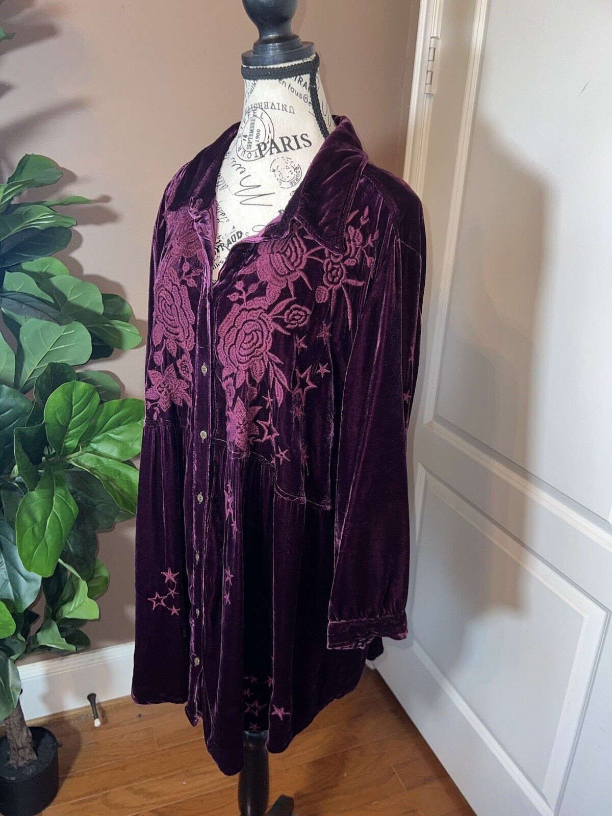 Johnny Was Burgandy Wine Velvet & Embroidered Tunic Top Kimono XL 1X