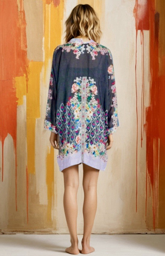 Johnny Was L 100% Silk Kimono Cool Cardigan Lightweight Jacket Lavender & Black Johnny Was