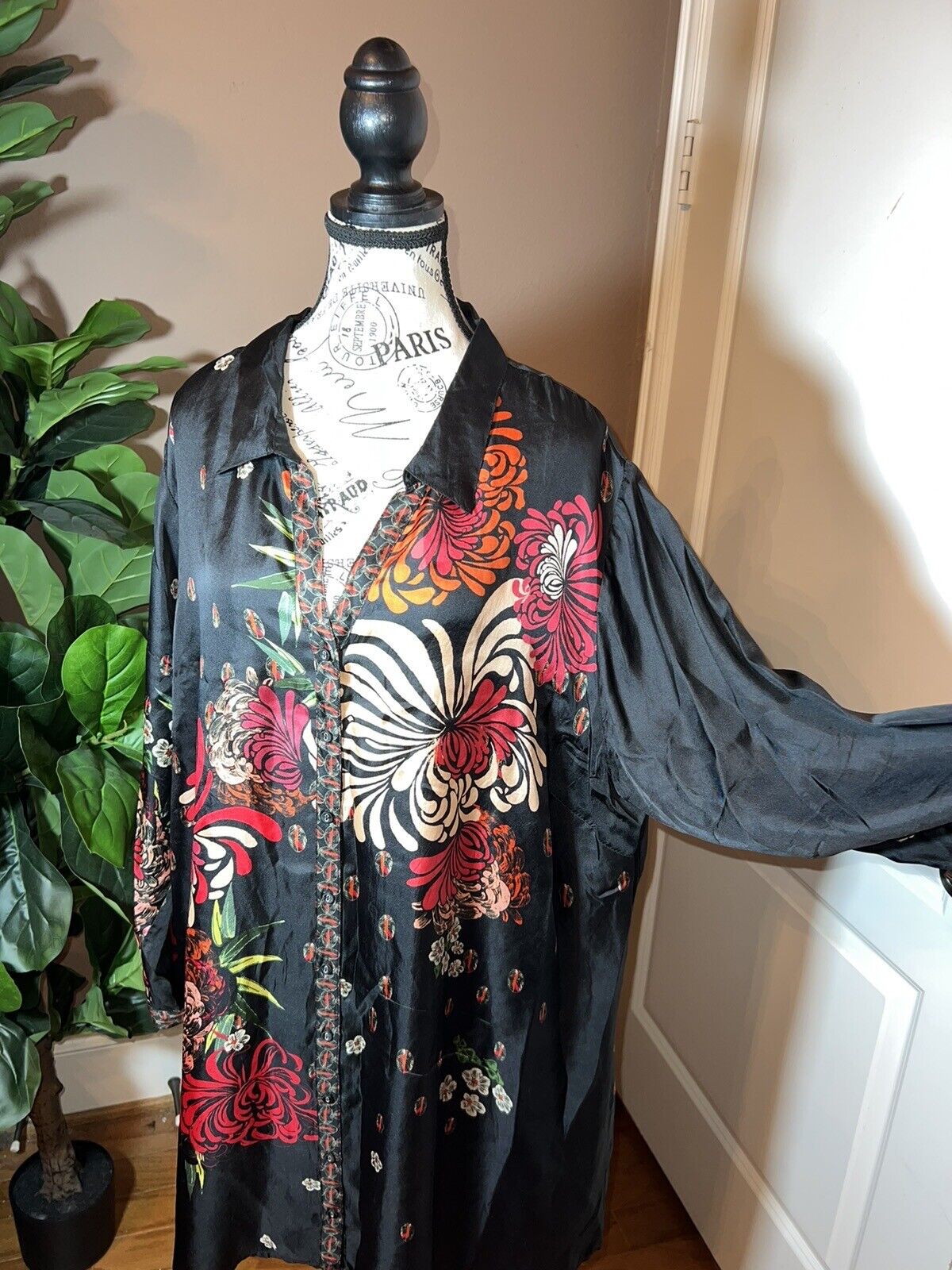 Johnny Was 100% Silk Black Floral Pattern Tunic Top Mini Shirt Dress 2X  XXL