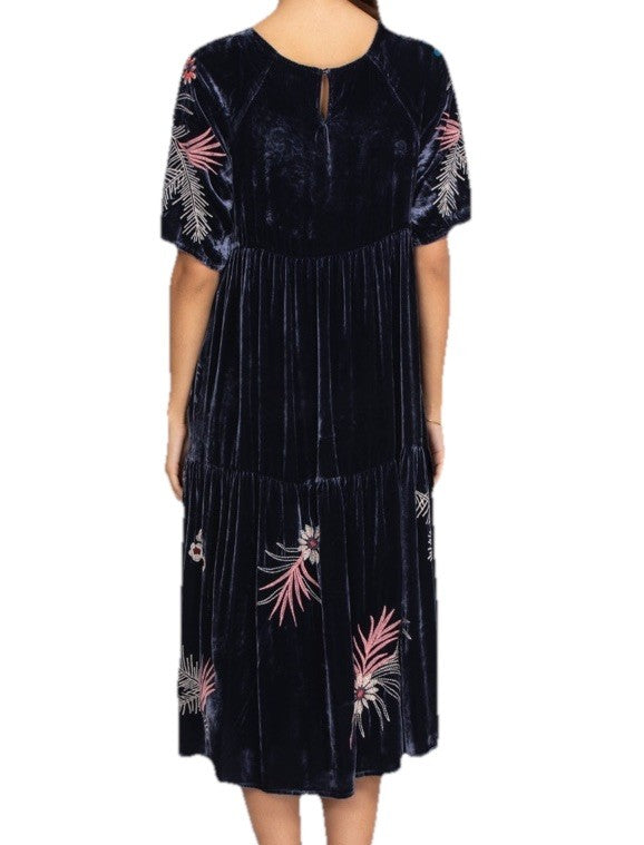 JOHNNY WAS XL Dark Midnight Blue Velvet Midi Dress Tiered Embroidered Maxi Johnny Was