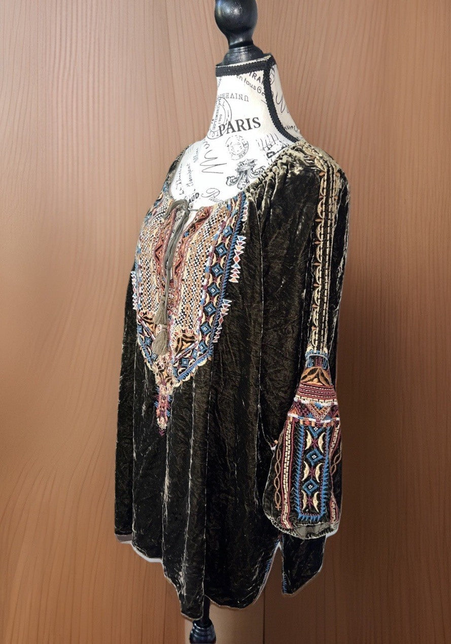 Johnny Was XL Olive Brown Velvet Peasant Blouse Embroidered Tunic Top Mini Dress Johnny Was