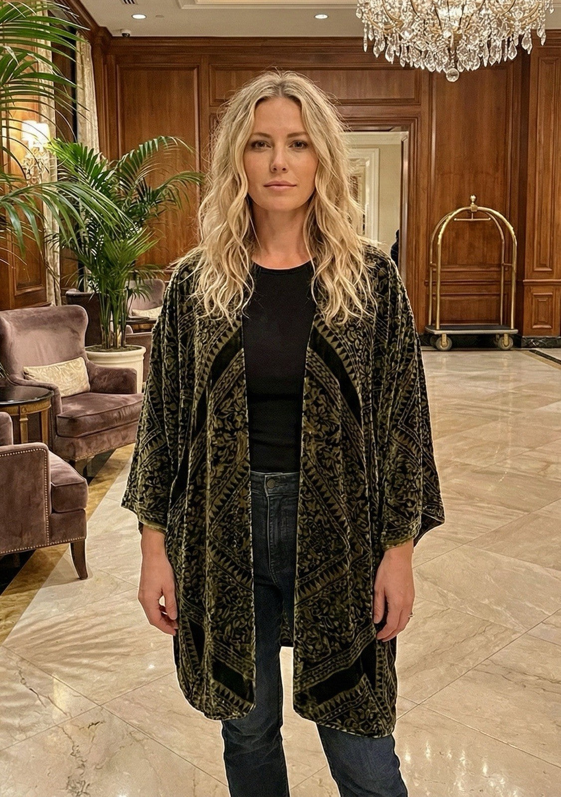 Johnny Was XL Deep Green Burnout Velvet Long Kimono Duster Wrap Jacket Coat Johnny Was