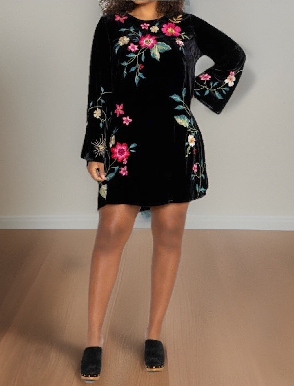 Johnny Was XL Black Velvet Shift Mini Dress Floral Tunic Kimono Sleeves BOHO Johnny Was