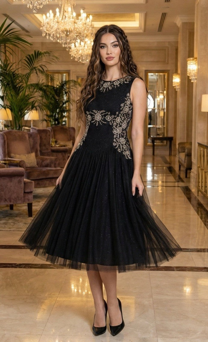 Johnny Was Black Label Sz 8 Jeweled Mesh MIDI Dress Dark Navy $598 Ret Johnny Was