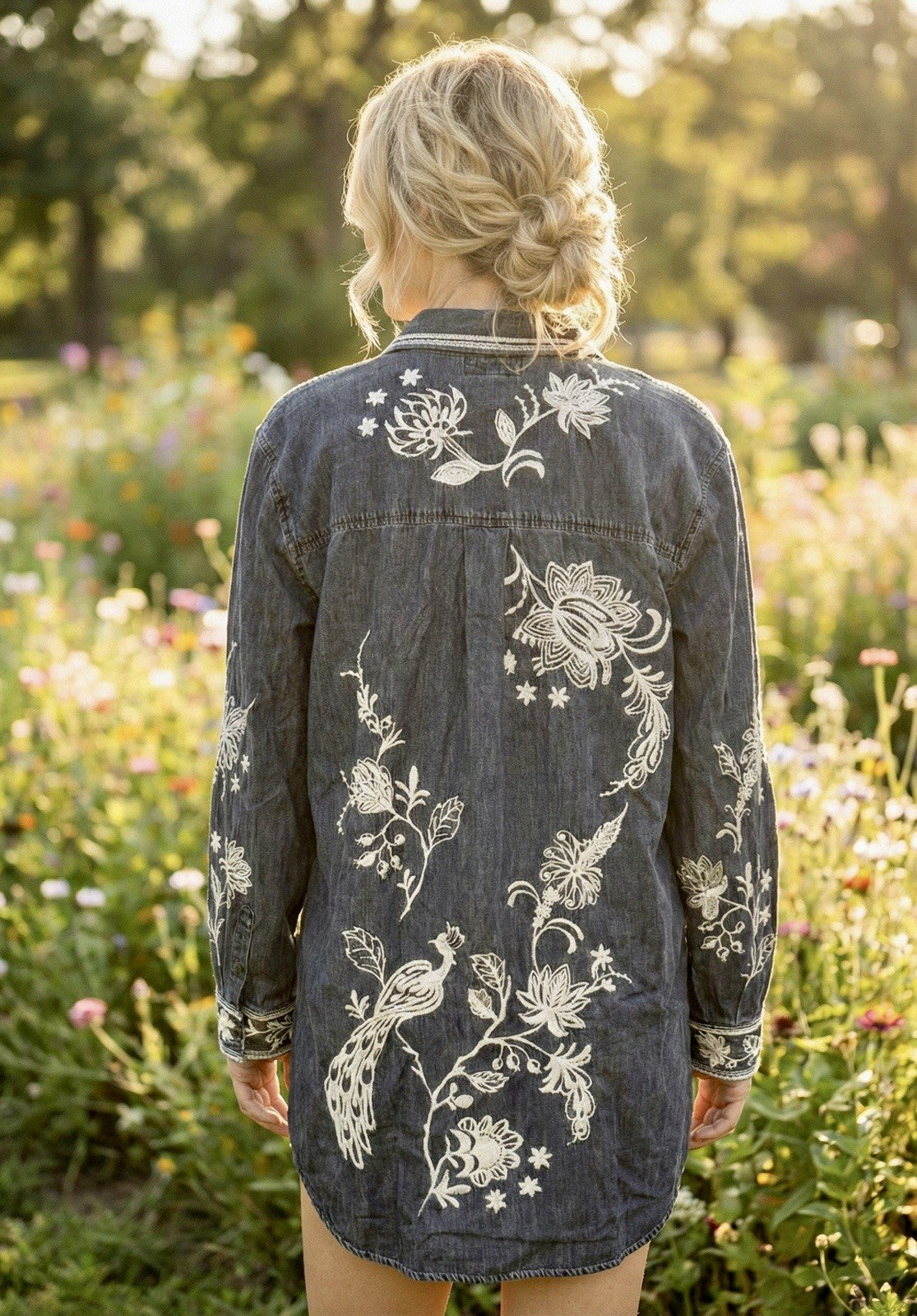 Johnny Was L Denim Chore Jacket Shacket Coat Black Grey Wash Embroidered Johnny Was