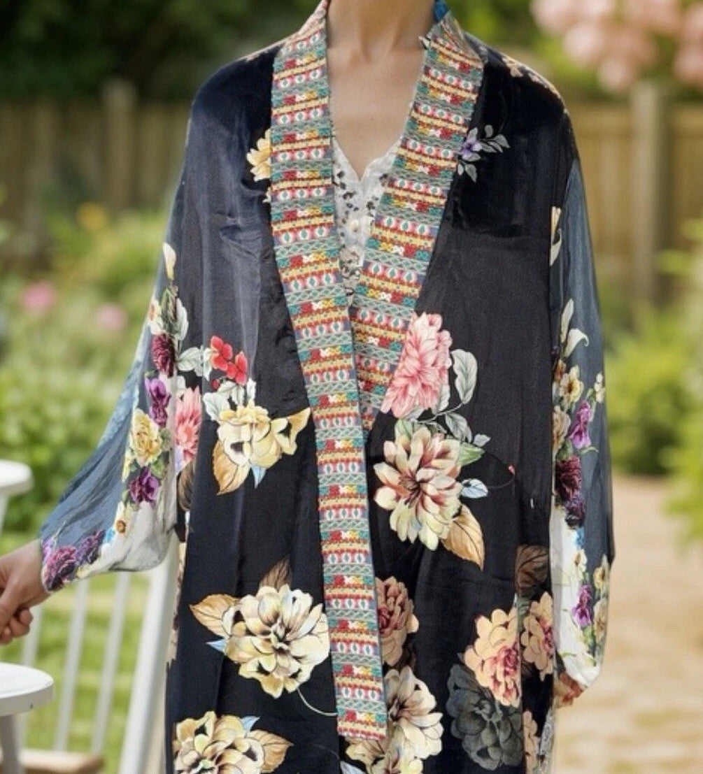Johnny Was L 100% Silk Kimono Duster REVERSIBLE Embroidered Cardigan Wrap Johnny Was