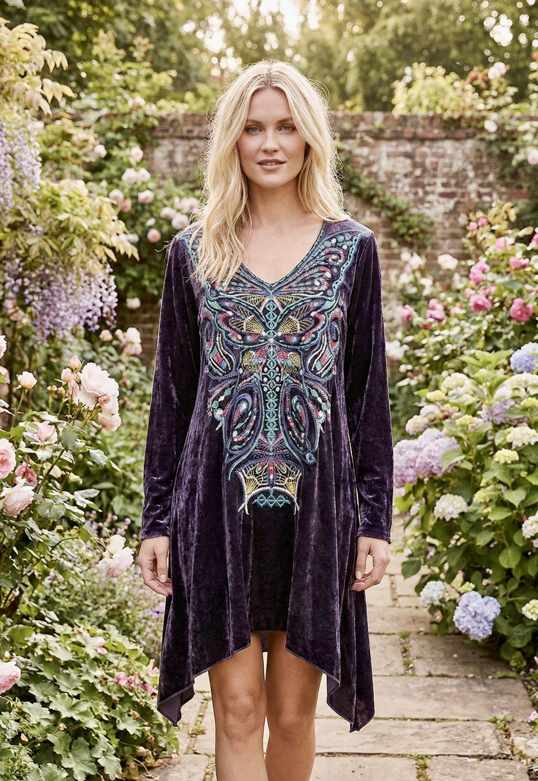 Johnny Was M Deep Purple Velvet Mini Shift Dress Butterfly Embroidered Tunic Top Johnny Was