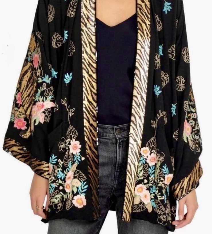Johnny Was $490 L Large Black & Gold Sequin Kimono Jacket Tiger Silk Lined Johnny Was