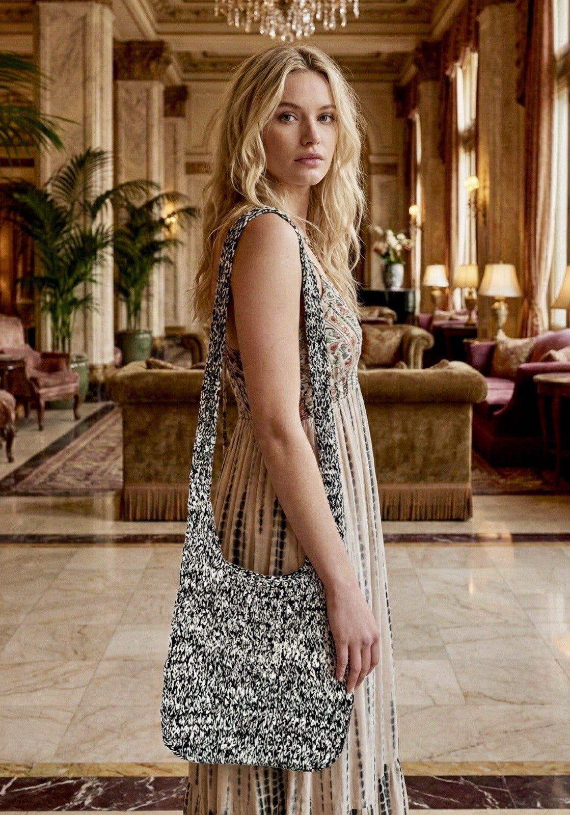 Johnny Was Black & White Sling Bag Crochet Slouch Hobo Tote Purse Crossbody Johnny Was