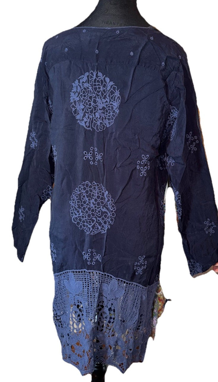 Johnny Was M Medium Navy Blue Shift Mini Dress Lace Embroidered Silky Tunic Top Johnny Was