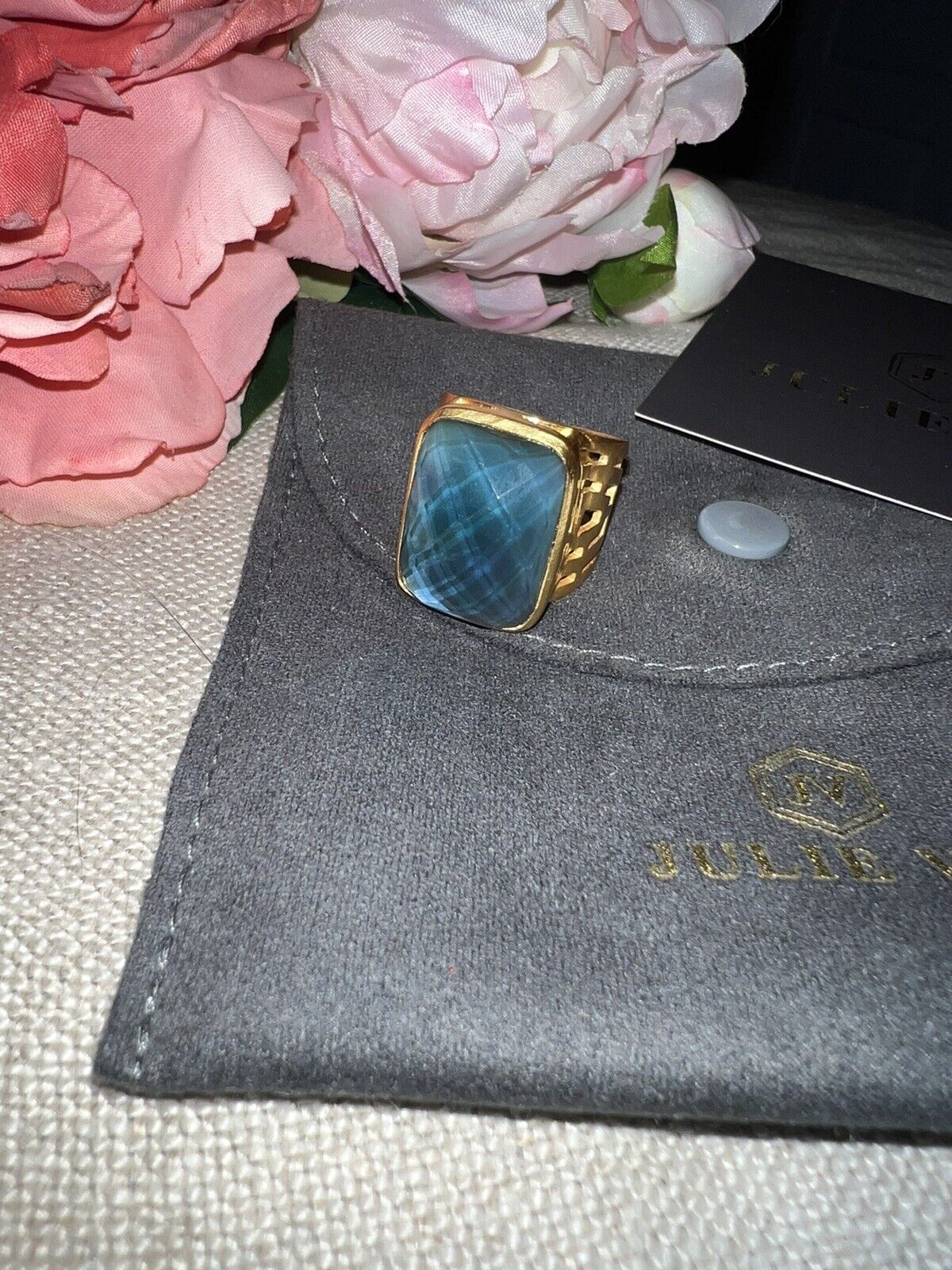 Julie Vos Iridescent Blue Statement Ring Sz 8 ADJUSTABLE 24k Gold Plate