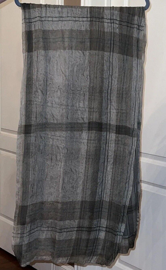 Burberry Scarf Silk And Sheer Plaid Olive Grey Green 35” x  18”