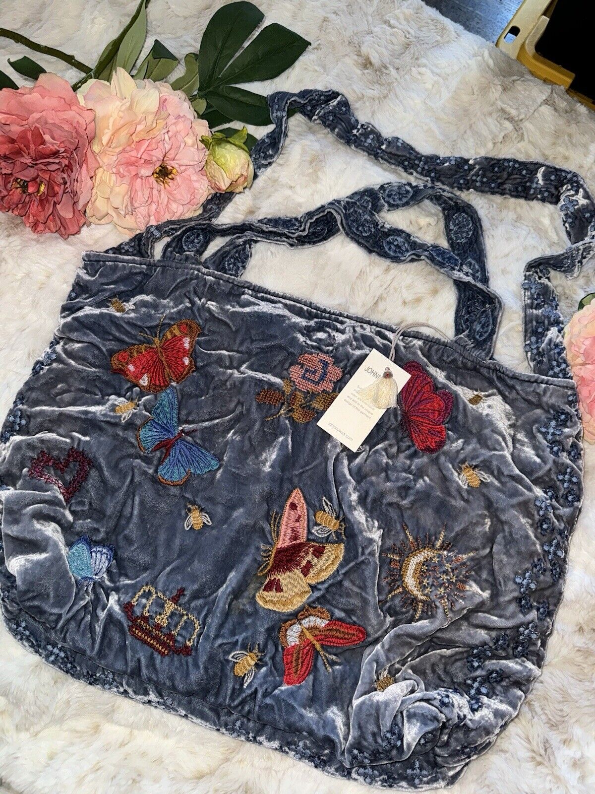 Johnny Was Large Blue Velvet Hobo Bag Tote Purse Embroidered Crossbody Birds