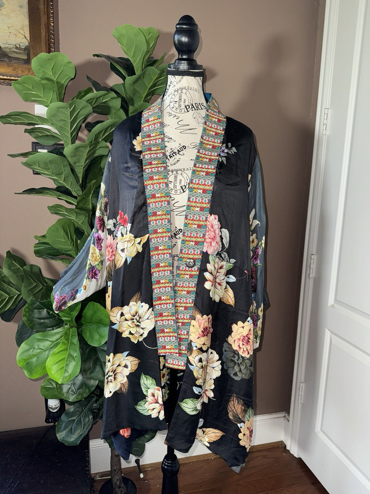 Johnny Was L 100% Silk Kimono Duster REVERSIBLE Embroidered Cardigan Wrap Johnny Was