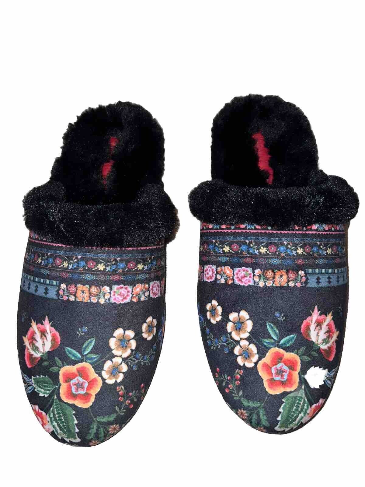 Johnny Was Black Faux Fur Floral Slippers sz 9 NWOB