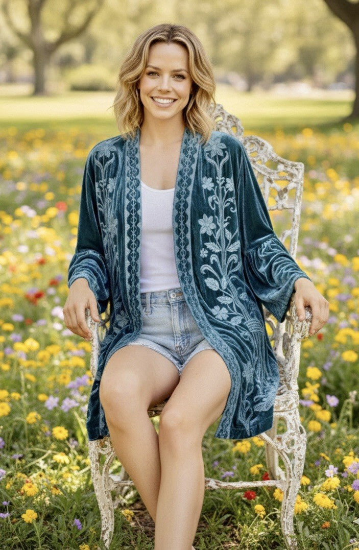 Johnny Was L Teal Green Velvet Kimono Duster Wrap Jacket Coat LUXE Embroidery Johnny Was