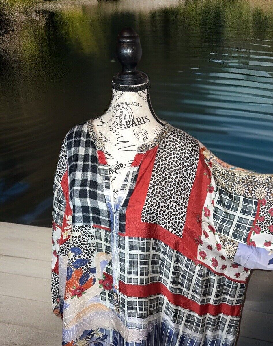 Johnny Was 3X 3XL 100% Silk Tunic Top Kimono Crane & Plaid Patchwork